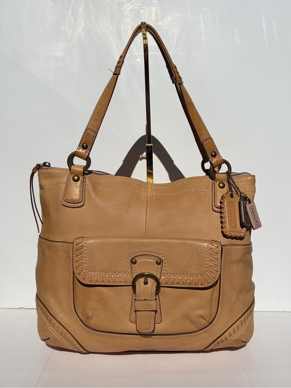 Coach Poppy Whipstitch Hobo Tote Camel Tan Leather Handbag #19018